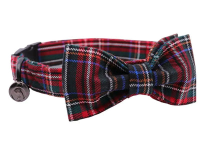 Red Plaid Dog Collar and Leash Set with Bow Tie Personal Custom Adjustable Pet Puppy 100% Cotton Dog Birthday Gift
