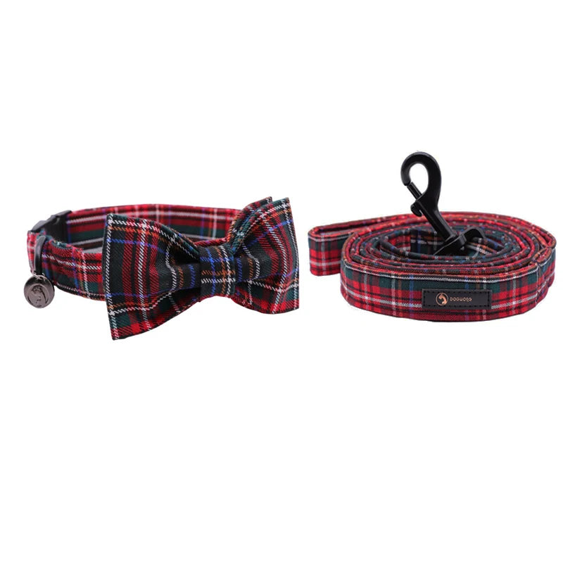 Red Plaid Dog Collar and Leash Set with Bow Tie Personal Custom Adjustable Pet Puppy 100% Cotton Dog Birthday Gift
